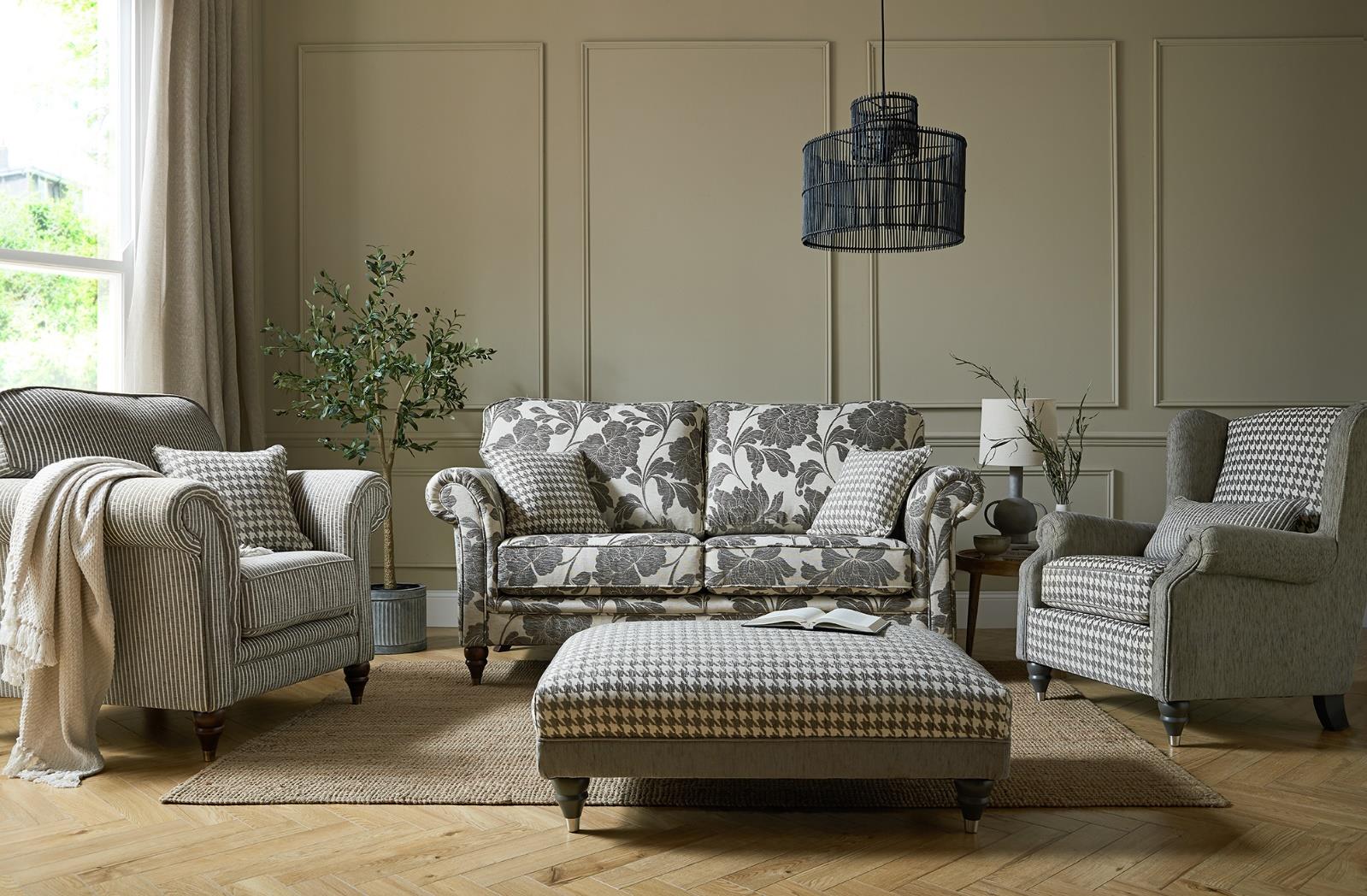 Cambridge 3 Seater Sofa In Arlene Floral Charcoal Fabric With Perro Geometric Charcoal Scatters